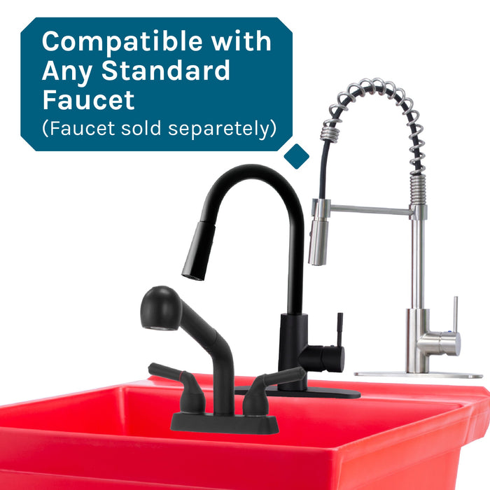 Tehila Standard Freestanding Red Utility Sink with Black Legs, Water Supply Lines Included - Close-Up