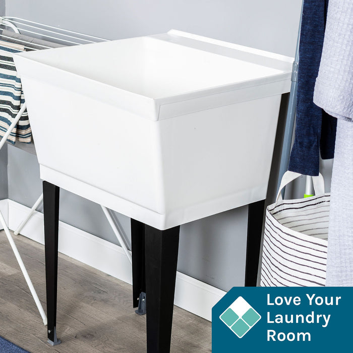 Tehila Standard Freestanding White Utility Sink with Black Legs, Water Supply Lines Included - Detail View