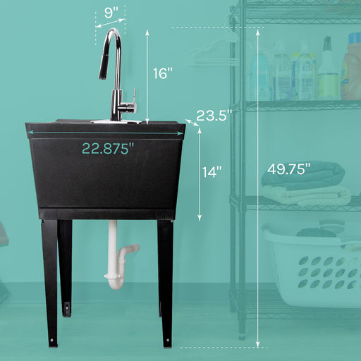Tehila Standard Freestanding Black Utility Sink with Chrome Finish High-Arc Pull-Down Faucet - Side View