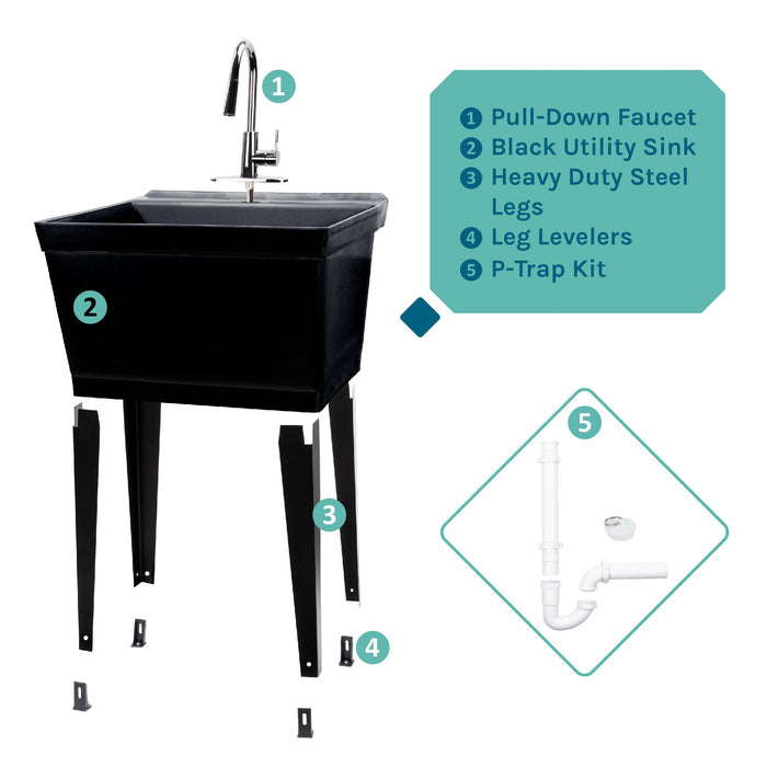 Tehila Standard Freestanding Black Utility Sink with Chrome Finish High-Arc Pull-Down Faucet - View 9