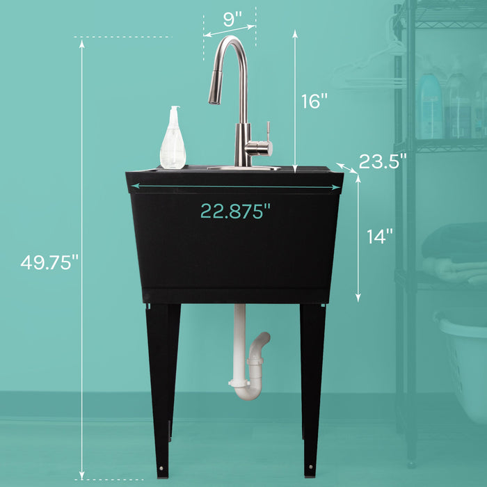 Tehila Standard Freestanding Black Utility Sink with Stainless Steel Finish High-Arc Pull-Down Faucet - Side View