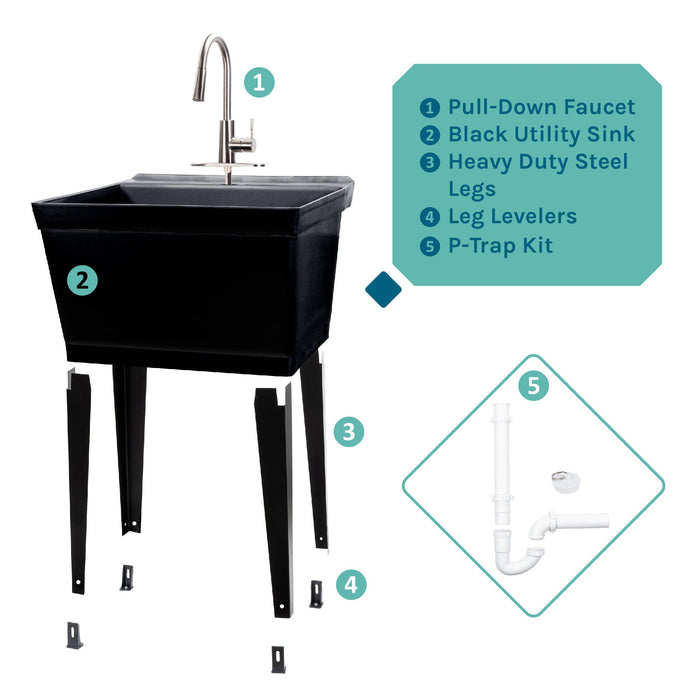 Tehila Standard Freestanding Black Utility Sink with Stainless Steel Finish High-Arc Pull-Down Faucet - View 9