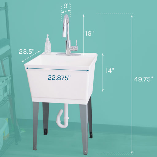 Tehila Standard Freestanding White Utility Sink with Chrome Finish High-Arc Pull-Down Faucet - Side View