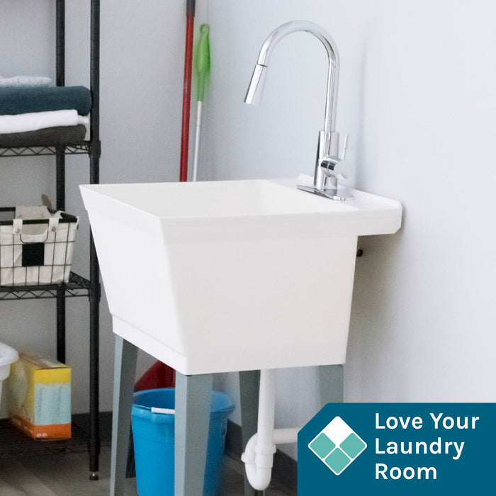 Tehila Standard Freestanding White Utility Sink with Chrome Finish High-Arc Pull-Down Faucet - Detail View