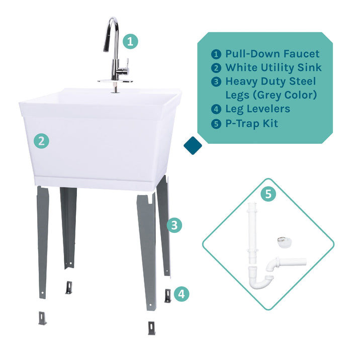Tehila Standard Freestanding White Utility Sink with Chrome Finish High-Arc Pull-Down Faucet - View 9