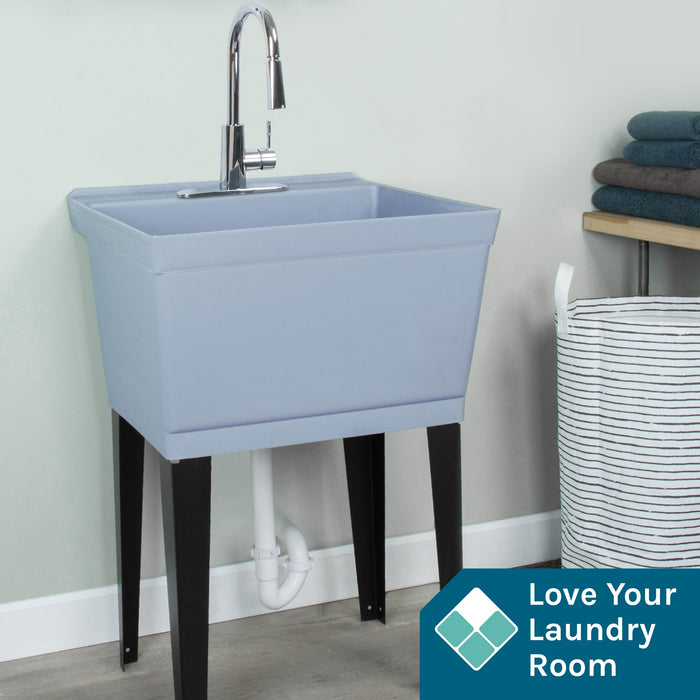 Tehila Standard Freestanding Grey Utility Sink with Chrome Finish High-Arc Pull-Down Faucet - Detail View
