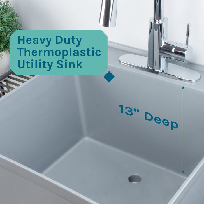 Tehila Standard Freestanding Grey Utility Sink with Chrome Finish High-Arc Pull-Down Faucet - Dimensions