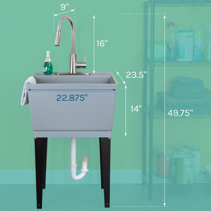 Tehila Standard Freestanding Grey Utility Sink with Stainless Steel Finish High-Arc Pull-Down Faucet - Side View