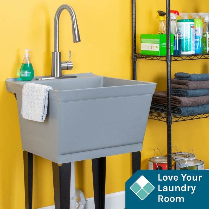 Tehila Standard Freestanding Grey Utility Sink with Stainless Steel Finish High-Arc Pull-Down Faucet - Detail View