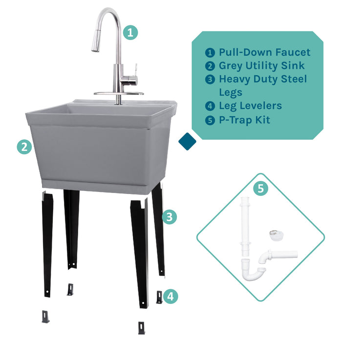 Tehila Standard Freestanding Grey Utility Sink with Stainless Steel Finish High-Arc Pull-Down Faucet - View 9