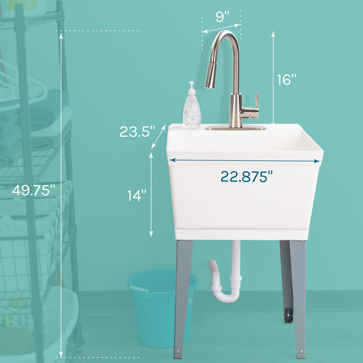 Tehila Standard Freestanding White Utility Sink with Stainless Steel Finish High-Arc Pull-Down Faucet - Side View