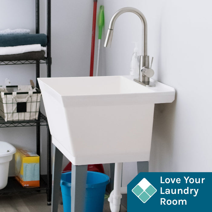 Tehila Standard Freestanding White Utility Sink with Stainless Steel Finish High-Arc Pull-Down Faucet - Detail View
