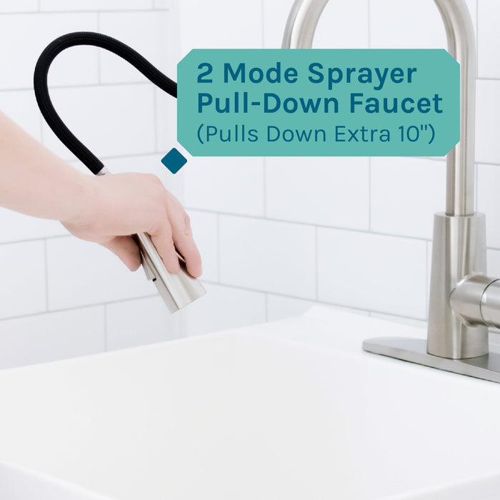 Tehila Standard Freestanding White Utility Sink with Stainless Steel Finish High-Arc Pull-Down Faucet - Lifestyle View