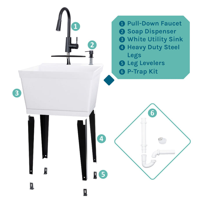 Tehila Standard Freestanding White Utility Sink with Black Finish High-Arc Pull-Down Faucet and Soap Dispenser - View 10