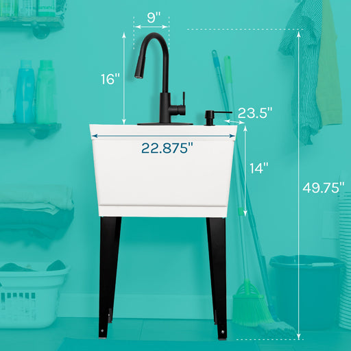 Tehila Standard Freestanding White Utility Sink with Black Finish High-Arc Pull-Down Faucet and Soap Dispenser - Side View