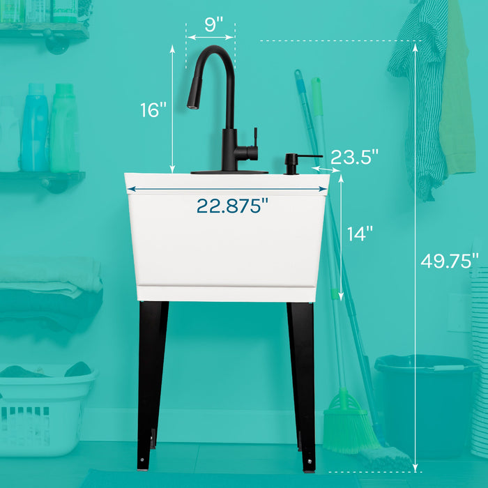 Tehila Standard Freestanding White Utility Sink with Black Finish High-Arc Pull-Down Faucet and Soap Dispenser - Side View