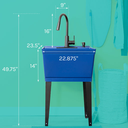 Tehila Standard Freestanding Blue Utility Sink with Black Finish High-Arc Pull-Down Faucet and Soap Dispenser - Side View