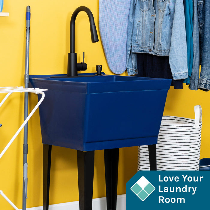 Tehila Standard Freestanding Blue Utility Sink with Black Finish High-Arc Pull-Down Faucet and Soap Dispenser - Detail View