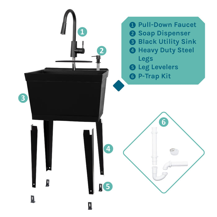 Tehila Standard Freestanding Black Utility Sink with Black Finish High-Arc Pull-Down Faucet and Soap Dispenser - View 10