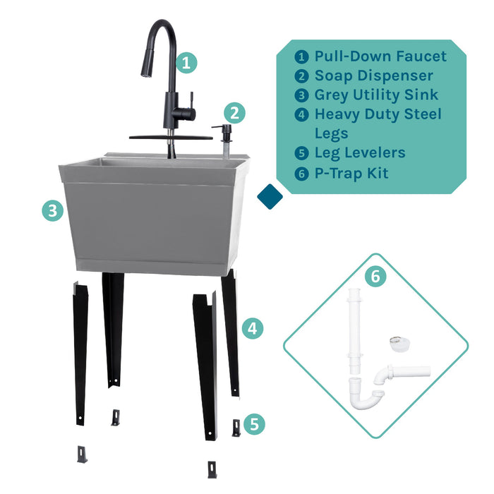 Tehila Standard Freestanding Grey Utility Sink with Black Finish High-Arc Pull-Down Faucet and Soap Dispenser - View 10
