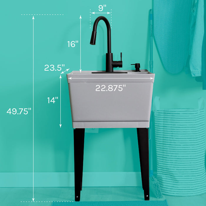 Tehila Standard Freestanding Grey Utility Sink with Black Finish High-Arc Pull-Down Faucet and Soap Dispenser - Side View