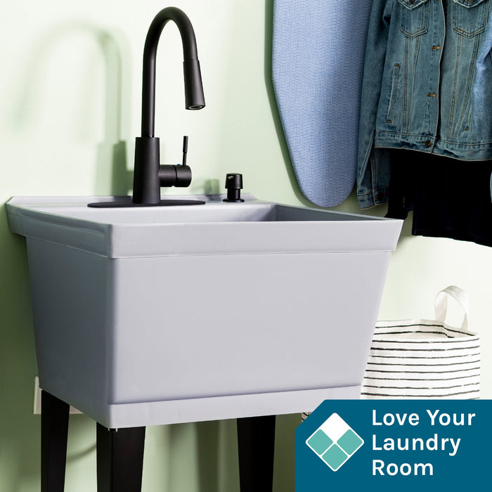 Tehila Standard Freestanding Grey Utility Sink with Black Finish High-Arc Pull-Down Faucet and Soap Dispenser - Detail View