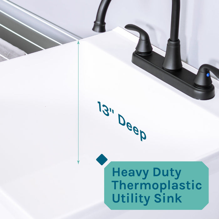 Tehila Standard Freestanding White Utility Sink with Black Legs and Black Finish Wide-set Gooseneck Faucet... - Dimensions