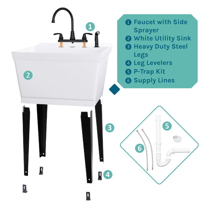 Tehila Standard Freestanding White Utility Sink with Black Legs and Black Finish Wide-set Gooseneck Faucet with... - View 9