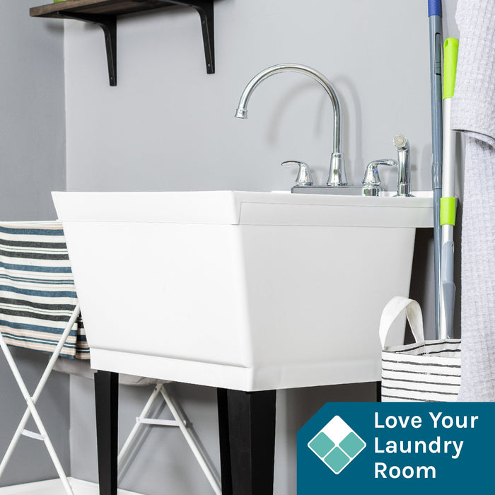 Tehila Standard Freestanding White Utility Sink with Black Legs and Chrome Finish Wide-set Gooseneck Faucet... - Detail View