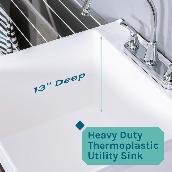 Tehila Standard Freestanding White Utility Sink with Black Legs and Chrome Finish Wide-set Gooseneck Faucet... - Dimensions