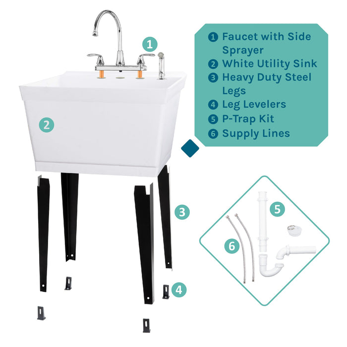 Tehila Standard Freestanding White Utility Sink with Black Legs and Chrome Finish Wide-set Gooseneck Faucet with... - View 9