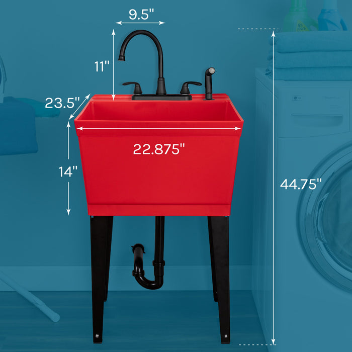 Tehila Standard Freestanding Red Utility Sink with Black Legs and Black Finish Wide-set Gooseneck Faucet with... - Side View