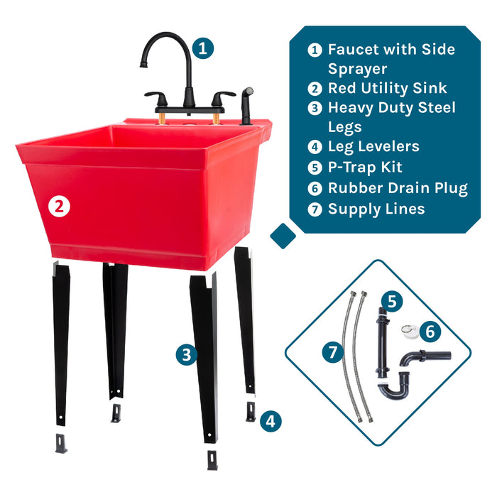 Tehila Standard Freestanding Red Utility Sink with Black Legs and Black Finish Wide-set Gooseneck Faucet with... - View 9