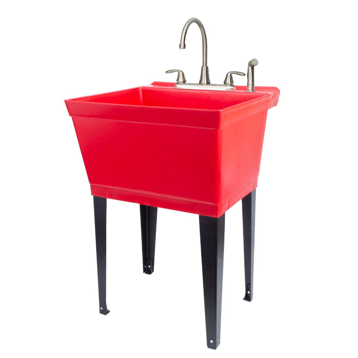 Tehila Standard Freestanding Red Utility Sink with Black Legs and Stainless Steel Finish Wide-set Gooseneck Faucet with...
