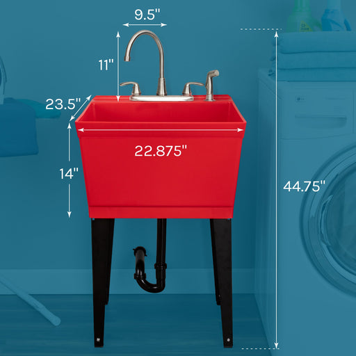 Tehila Standard Freestanding Red Utility Sink with Black Legs and Stainless Steel Finish Wide-set Gooseneck... - Side View