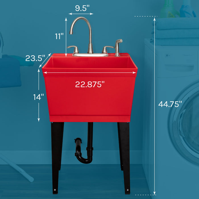 Tehila Standard Freestanding Red Utility Sink with Black Legs and Stainless Steel Finish Wide-set Gooseneck... - Side View