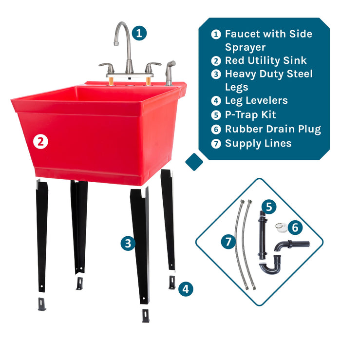 Tehila Standard Freestanding Red Utility Sink with Black Legs and Stainless Steel Finish Wide-set Gooseneck... - View 9