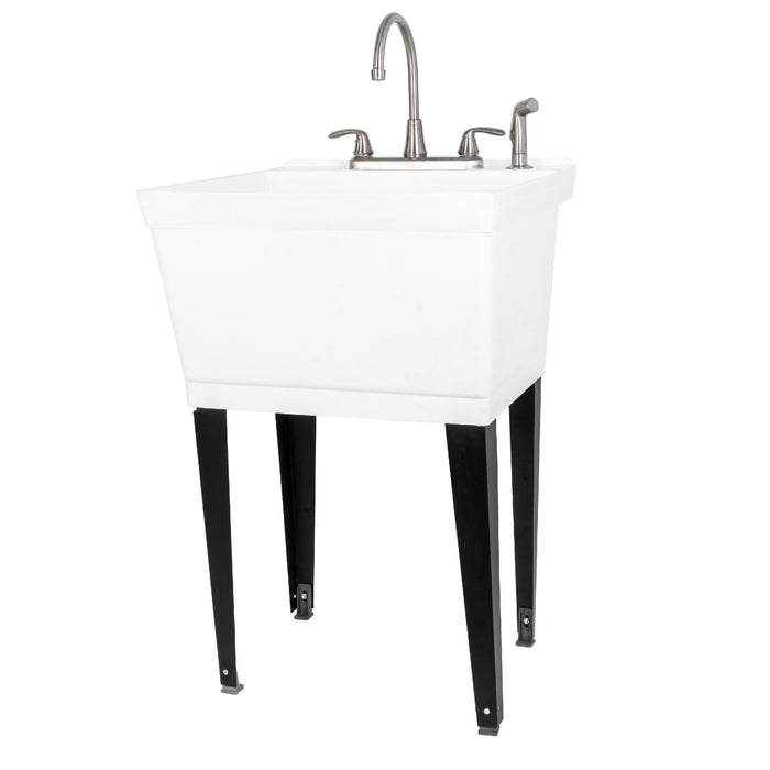 Tehila Standard Freestanding White Utility Sink with Black Legs and Stainless Steel Finish Wide-set Gooseneck Faucet with...
