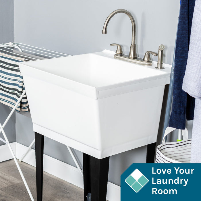 Tehila Standard Freestanding White Utility Sink with Black Legs and Stainless Steel Finish Wide-set... - Detail View