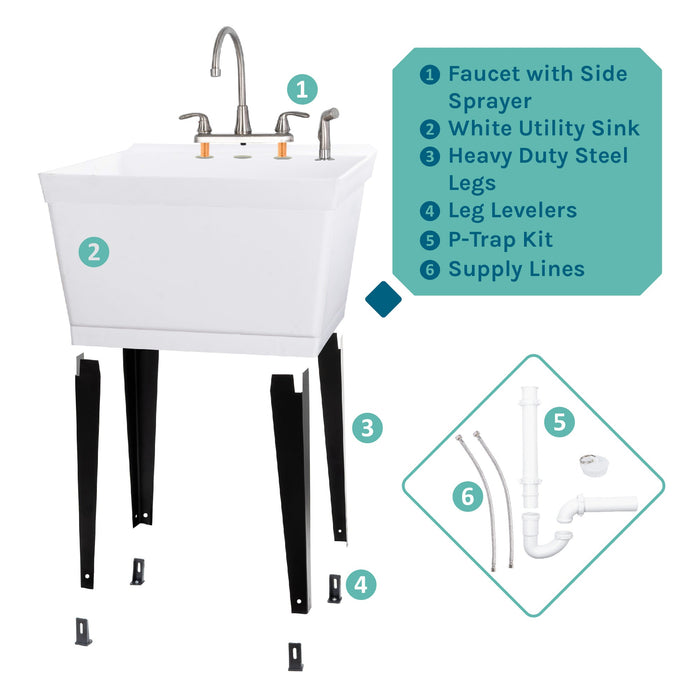 Tehila Standard Freestanding White Utility Sink with Black Legs and Stainless Steel Finish Wide-set Gooseneck... - View 9