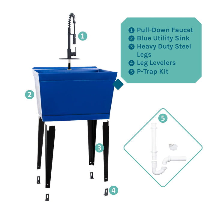 Tehila Standard Freestanding Blue Utility Sink with Black Finish High-Arc Coil Pull-Down Faucet - View 10