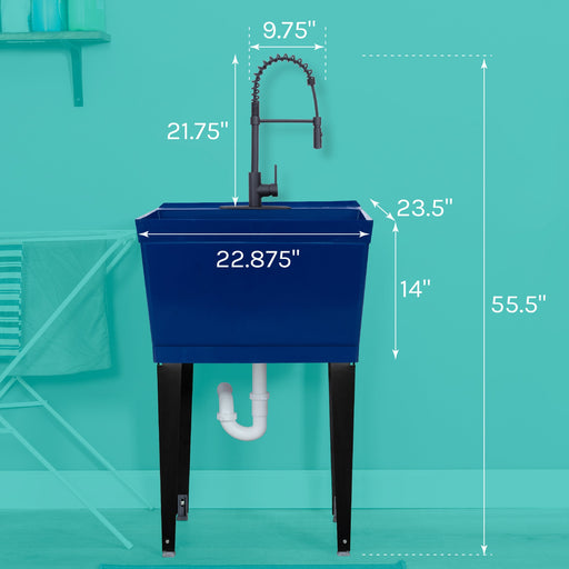 Tehila Standard Freestanding Blue Utility Sink with Black Finish High-Arc Coil Pull-Down Faucet - Side View