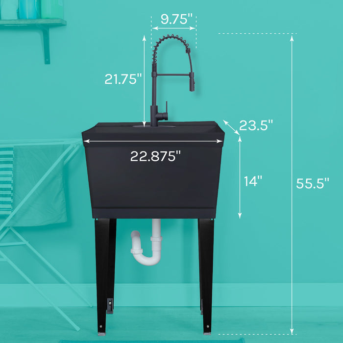 Tehila Standard Freestanding Black Utility Sink with Black Finish High-Arc Coil Pull-Down Faucet - Side View