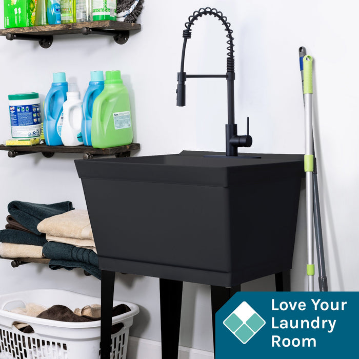 Tehila Standard Freestanding Black Utility Sink with Black Finish High-Arc Coil Pull-Down Faucet - Detail View
