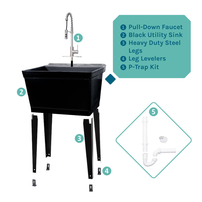 Tehila Standard Freestanding Black Utility Sink with Stainless Steel Finish High-Arc Coil Pull-Down Faucet - View 10