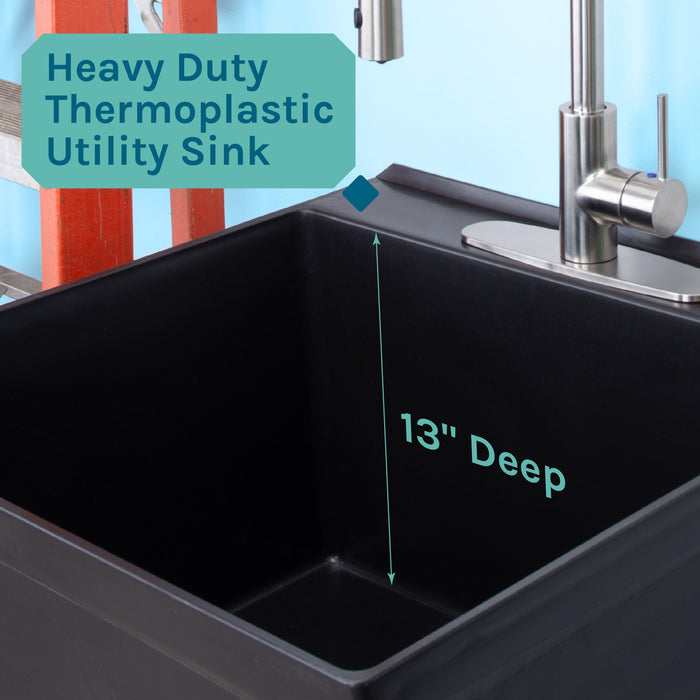 Tehila Standard Freestanding Black Utility Sink with Stainless Steel Finish High-Arc Coil Pull-Down Faucet - Features