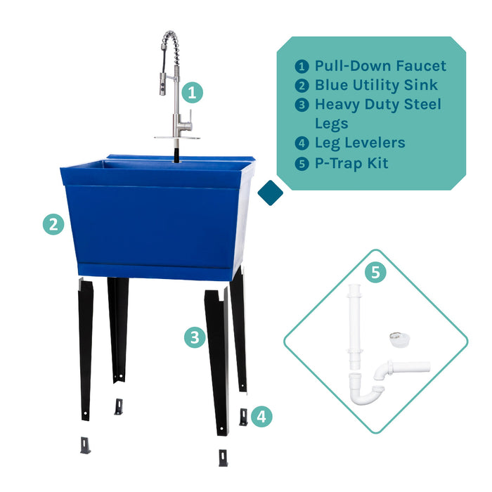 Tehila Standard Freestanding Blue Utility Sink with Stainless Steel Finish High-Arc Coil Pull-Down Faucet - View 10