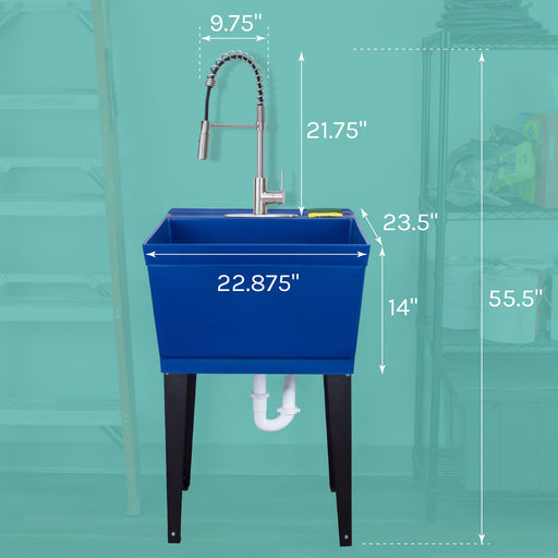 Tehila Standard Freestanding Blue Utility Sink with Stainless Steel Finish High-Arc Coil Pull-Down Faucet - Side View