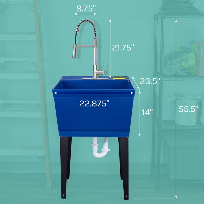 Tehila Standard Freestanding Blue Utility Sink with Stainless Steel Finish High-Arc Coil Pull-Down Faucet - Side View