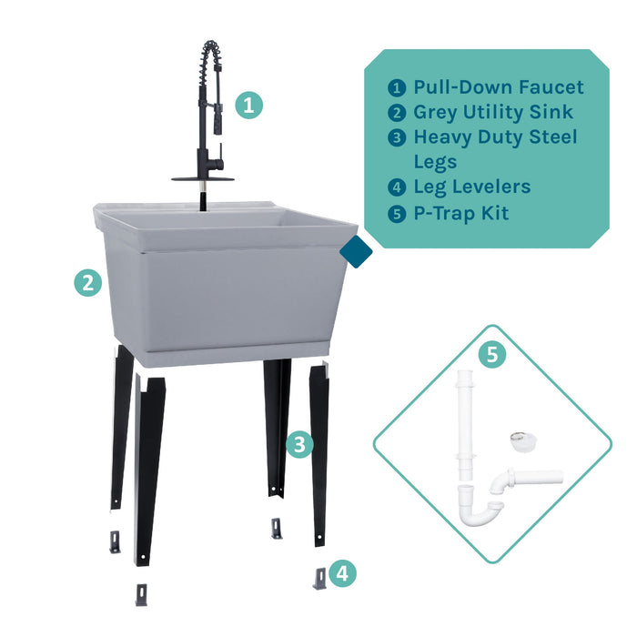 Tehila Standard Freestanding Grey Utility Sink with Black Finish High-Arc Coil Pull-Down Faucet - View 10